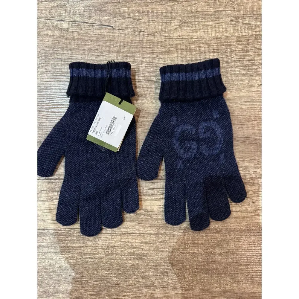 GUCCI Blue Logo-Jacquard Cashmere Gloves NWT size large